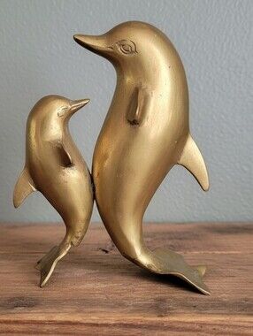 Vintage Brass MCM Dolphin Mommy And Bany Duo Sculpture